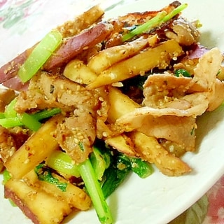 味噌仕立て❤薩摩芋と小松菜と豚肉の炒め物❤